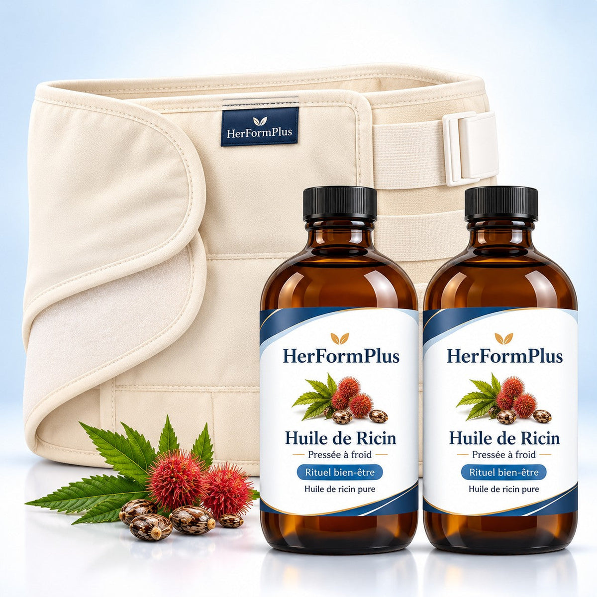 Kit HerFormPlus Rituel Ricin : 2 bouteilles d'huile de ricin et compresse abdominale réutilisable
