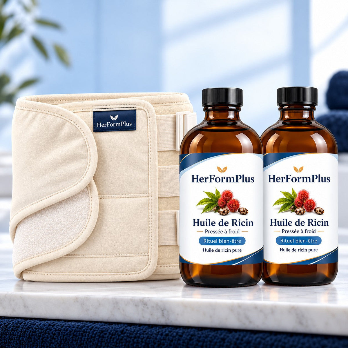 Compresse abdominale et deux bouteilles d'huile de ricin HerFormPlus