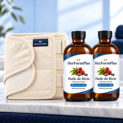 Compresse abdominale et deux bouteilles d'huile de ricin HerFormPlus