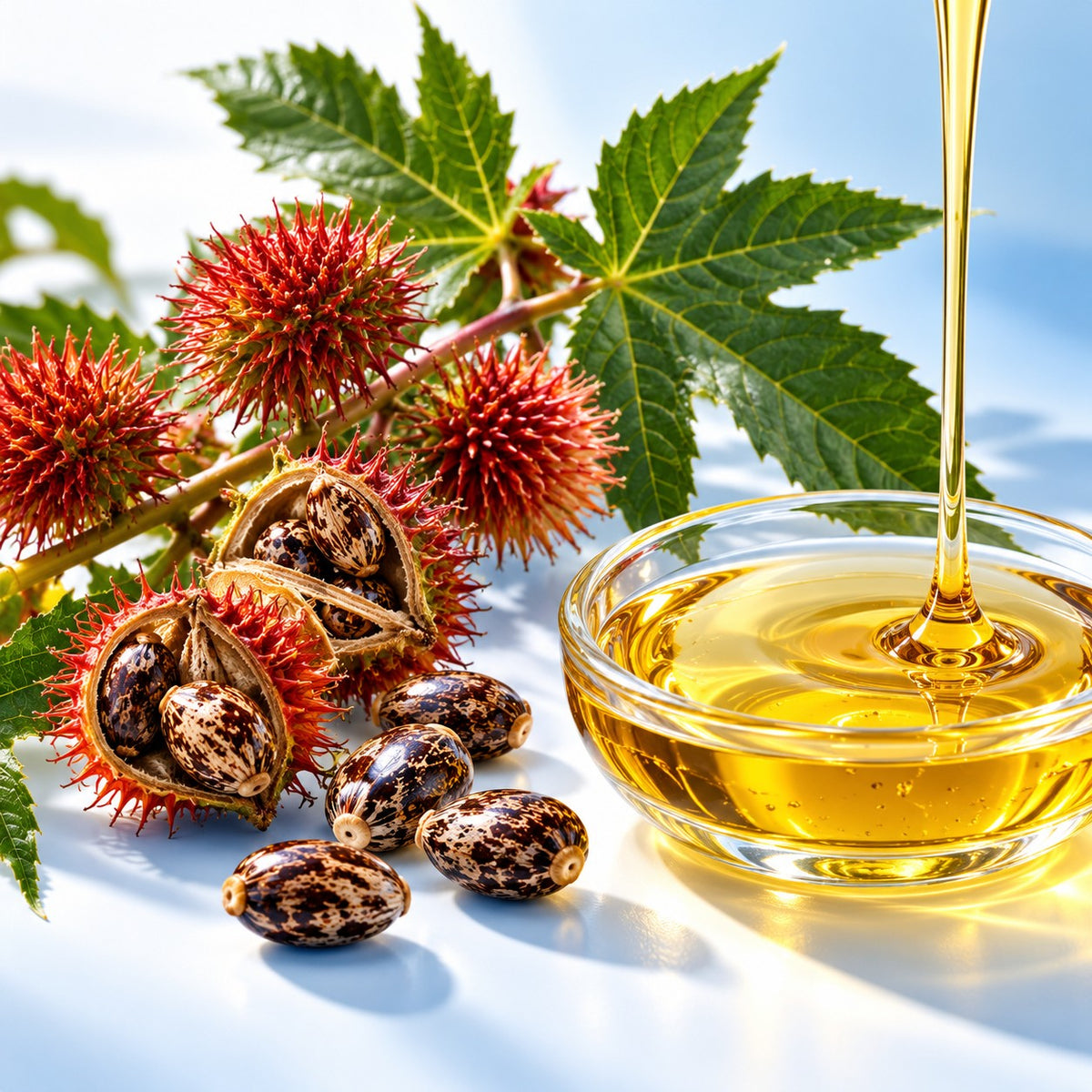 Graines et plante de ricin avec huile de ricin